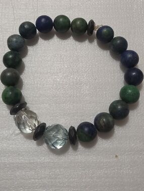 Blue and Green Natural Stone Bead Bracelet with Crystal Accents